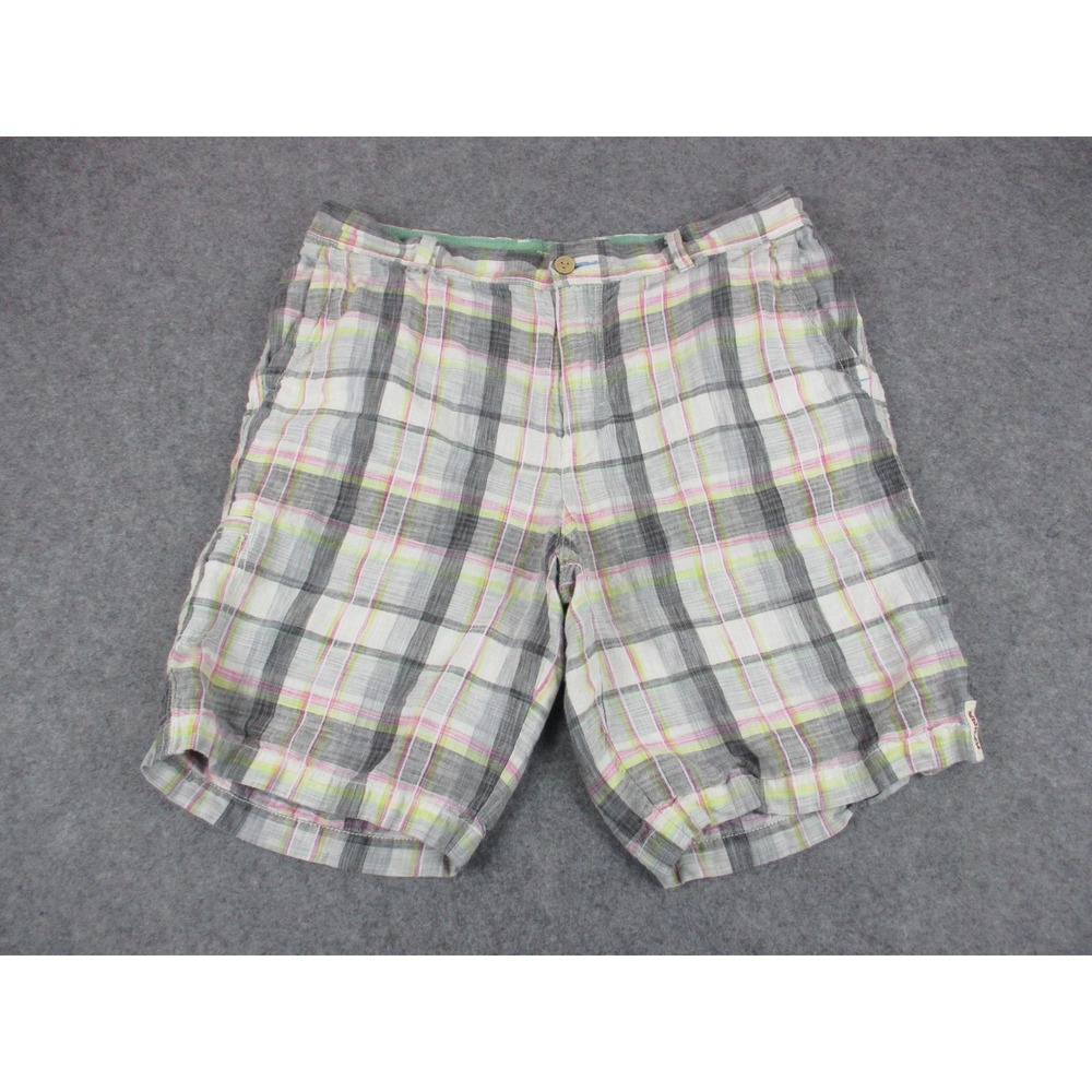 Tommy Bahama Shorts Mens 35 White Plaid Linen Bermuda Relaxed Pockets 9"